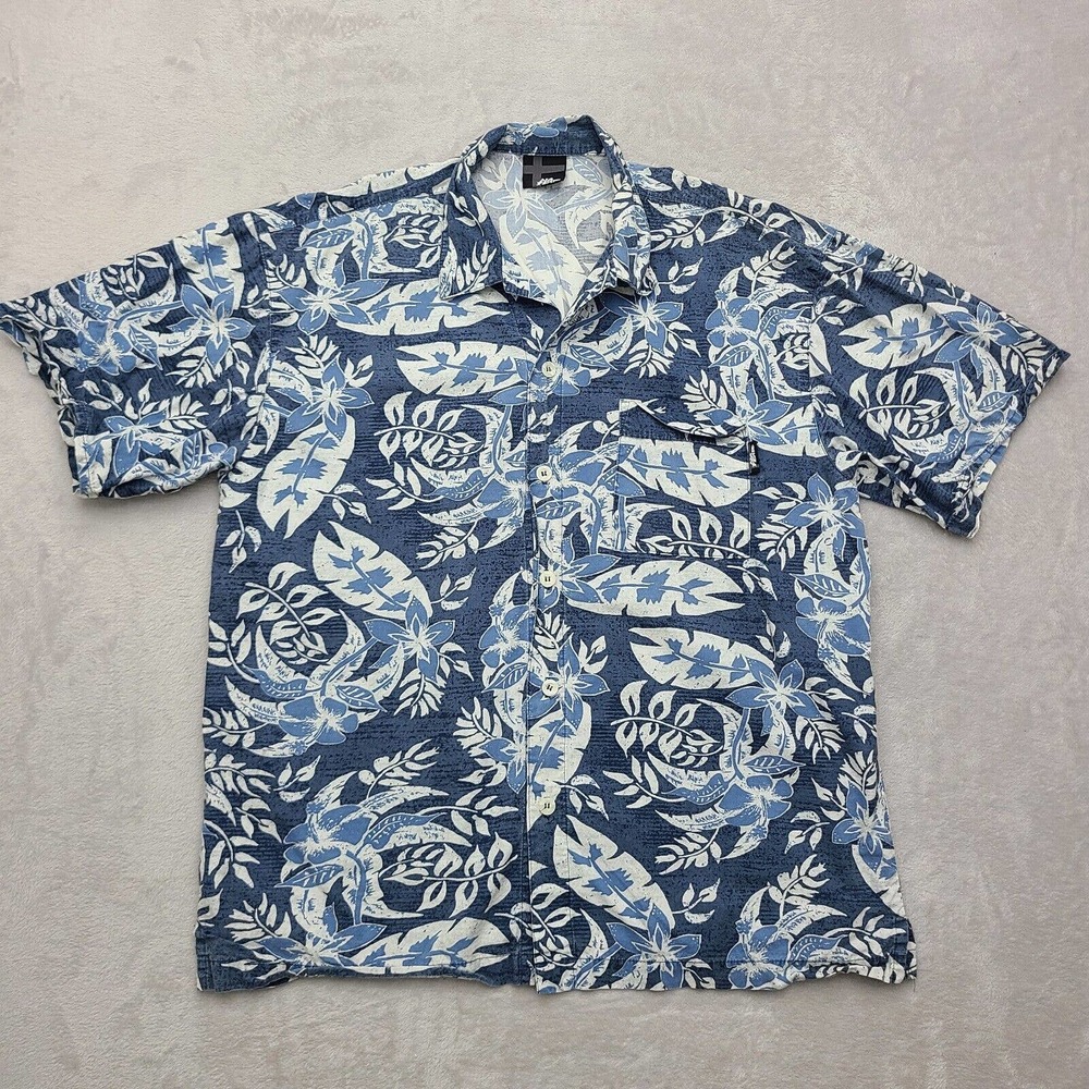 Vintage No Fear Shirt Mens Large Blue Floral Hawaiian Button Up Beach Camp